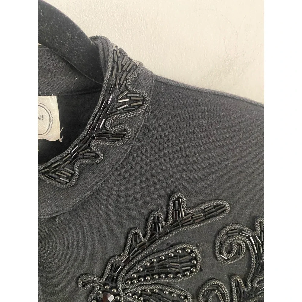 Adrienne Vittadini Vintage Black Beaded Wool Blend Floral Butterfly Jacket Sz 14